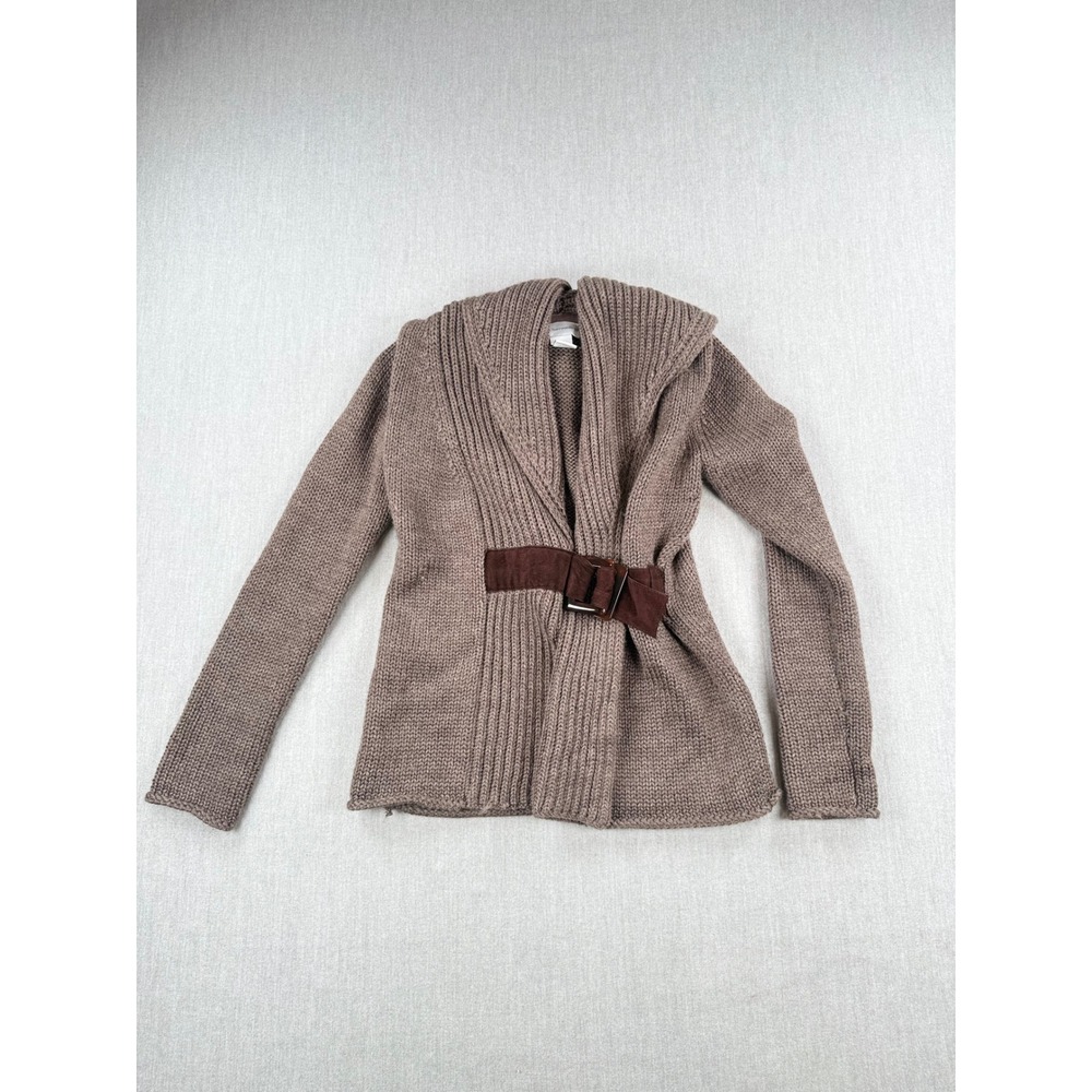 Soft Surroundings Belted Hooded Cardigan Sweater Taupe Brown Shawl Collar Small